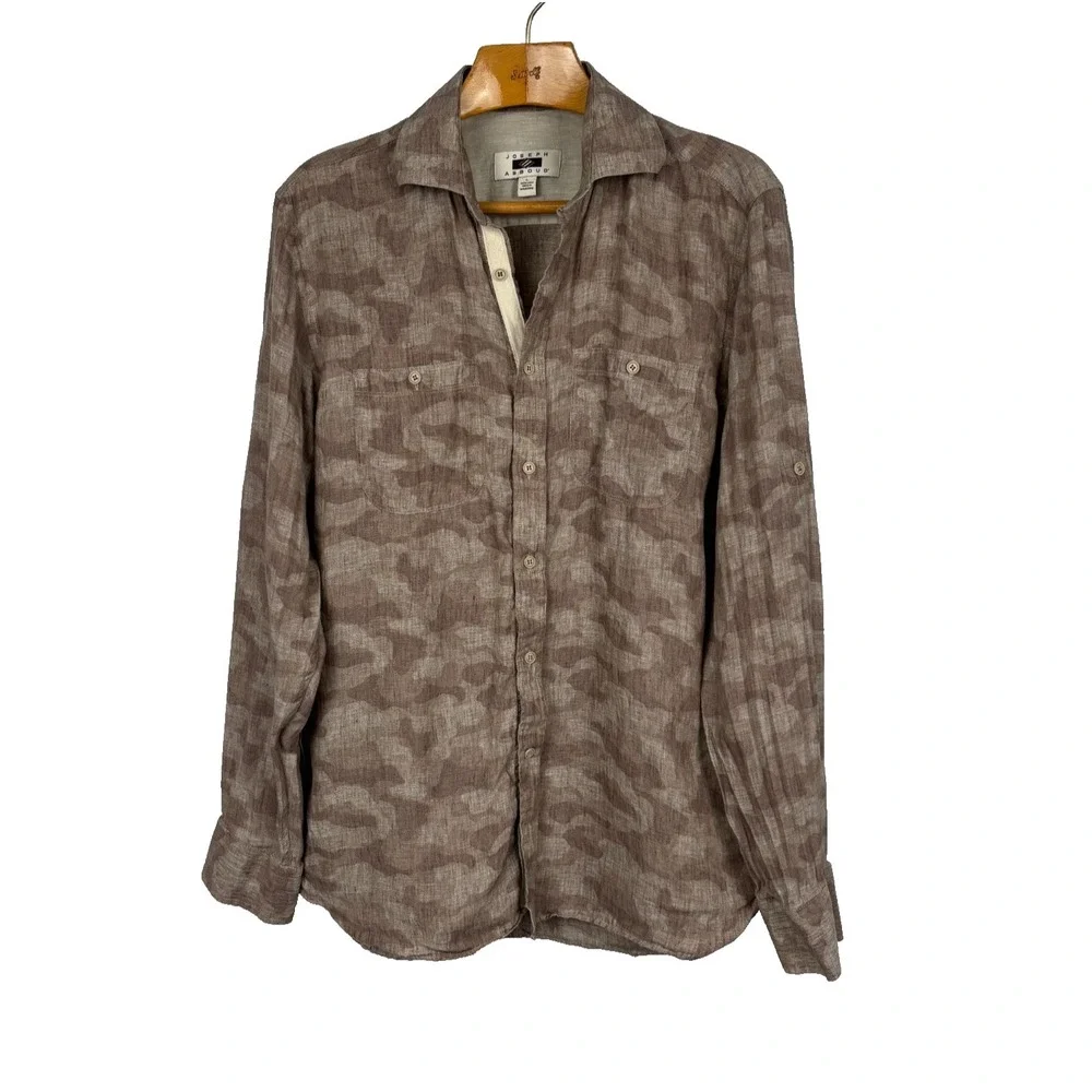 Joseph Abboud 100% Linen Camo Button Up Shirt Men's Large Brown Roll Tab Casual